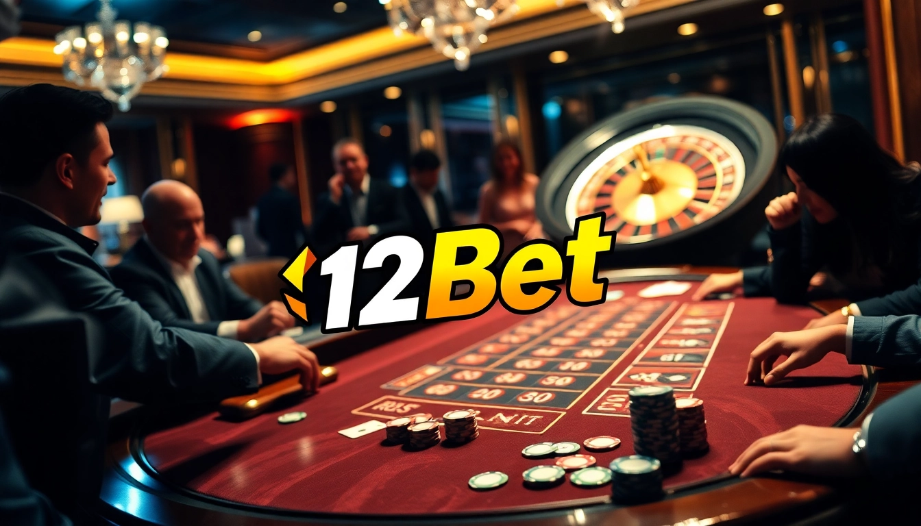 Gamblers experiencing high-stakes excitement at a luxury 12Bet poker table amidst vibrant casino elements.