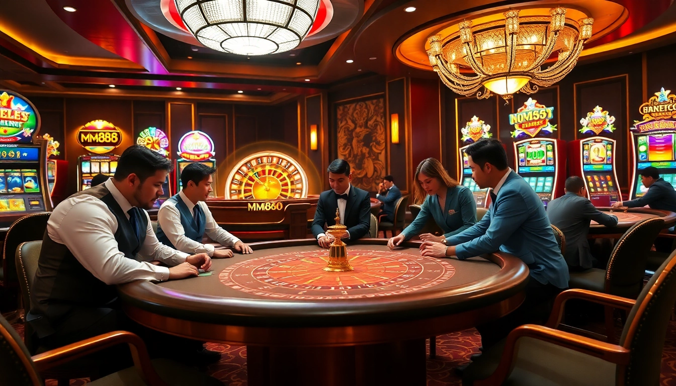 Engage in thrilling gameplay at MM88's lively casino with modern poker tables and vibrant slots.