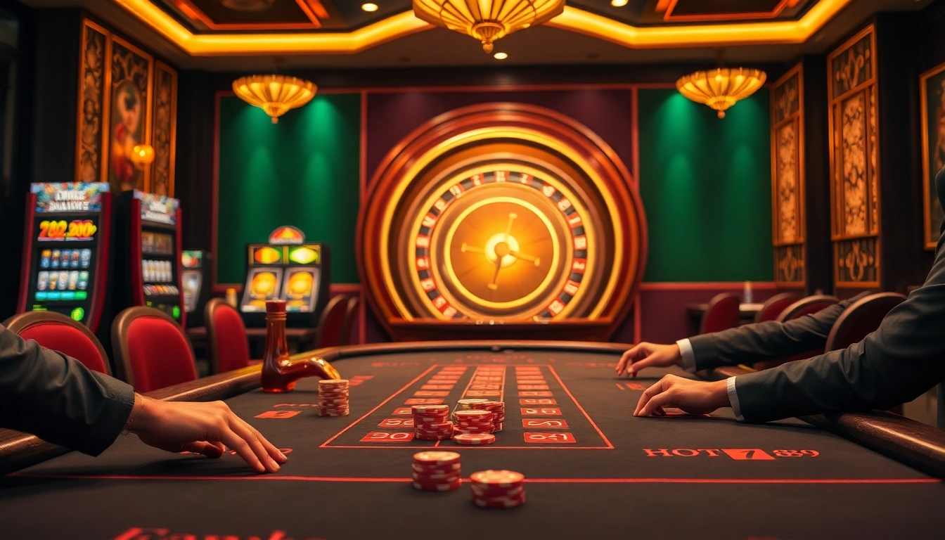 Players enjoying an exciting game at HOT789's luxurious casino tables with vibrant poker chips and roulette.