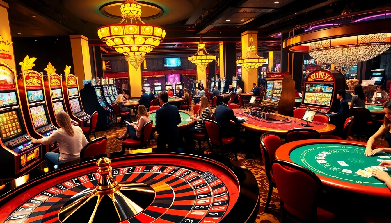 Engaging scene of gamblers at slot machines and card tables, showcasing excitement at https://www.superslot365.net/.