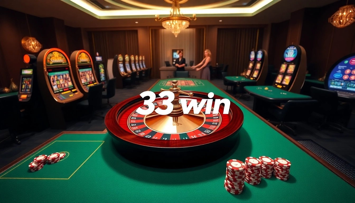 Engage with 33win's vibrant online casino atmosphere featuring thrilling gameplay on roulette and slot machines.