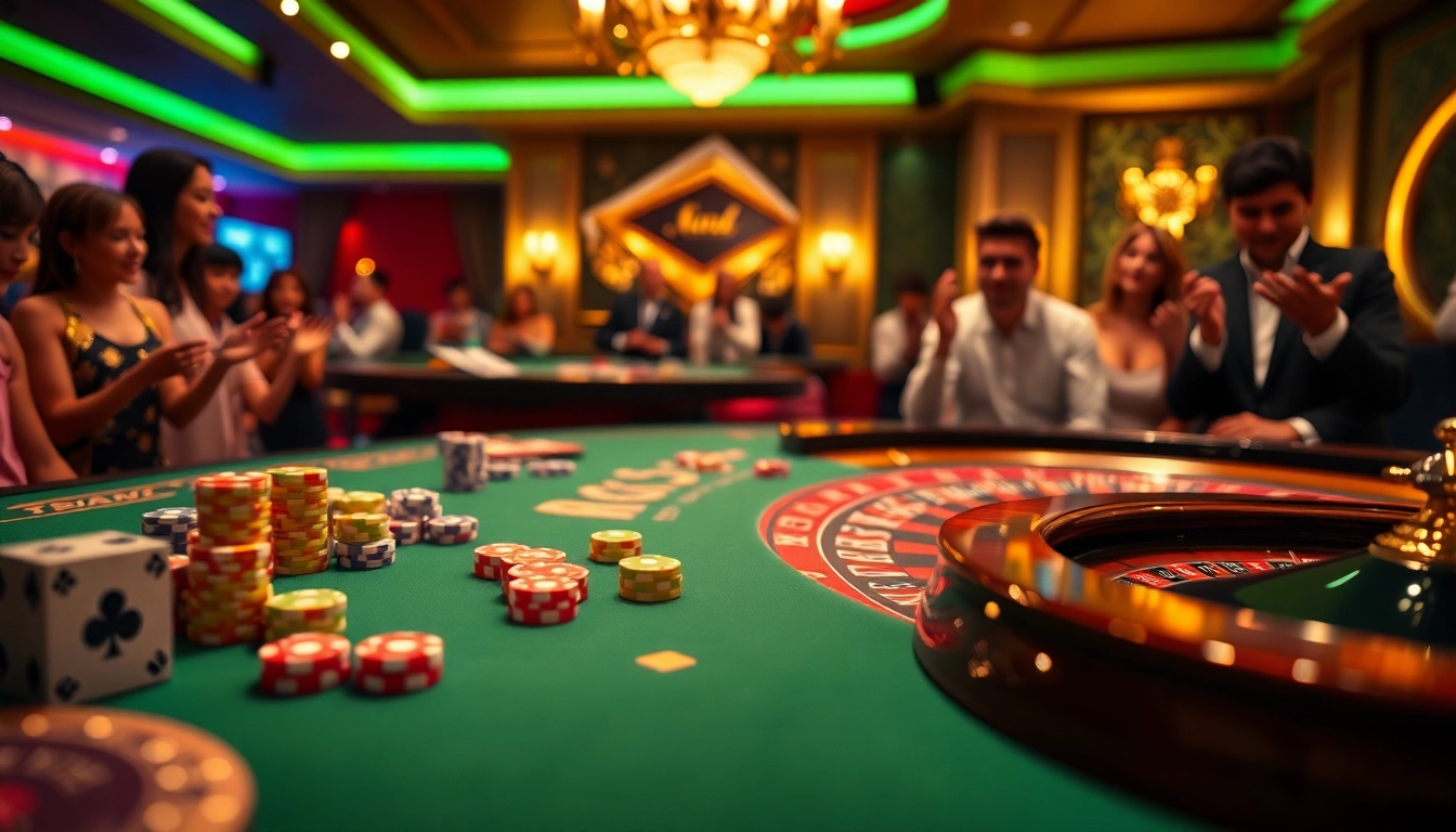 Engaged players rolling dice at a luxurious tài xỉu MD5 table in a vibrant casino setting.