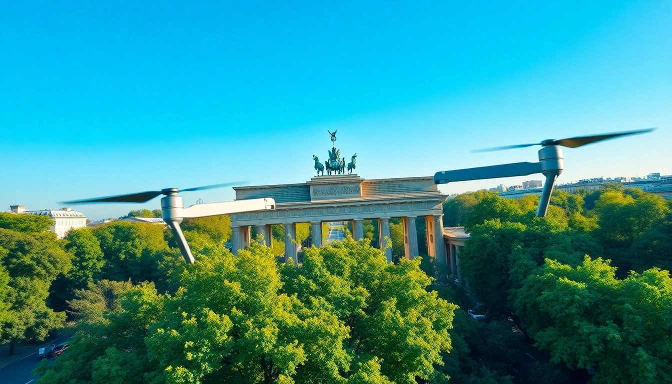 Drohnenaufnahmen Berlin mit Blick auf das Brandenburger Tor und der schönen Stadtlandschaft.