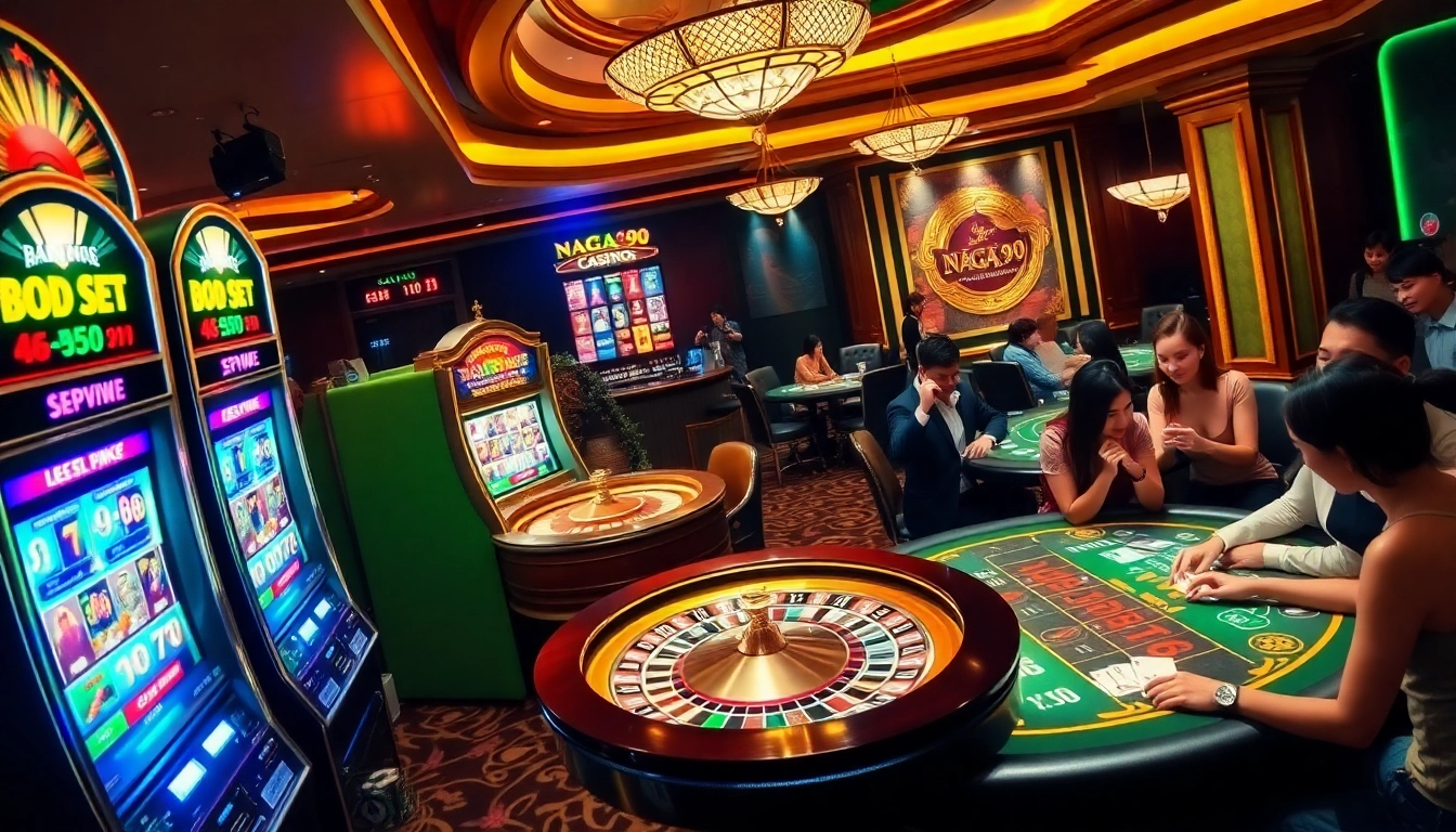 Gamblers enjoying a thrilling Naga99 gaming experience at vibrant casino tables with slot machines.