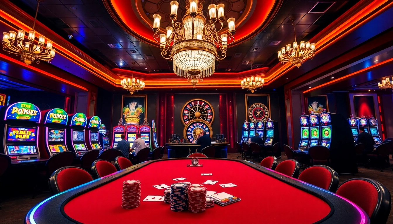 Exciting gaming scene at five88 with poker action, vibrant slot machines, and roulette wheel.