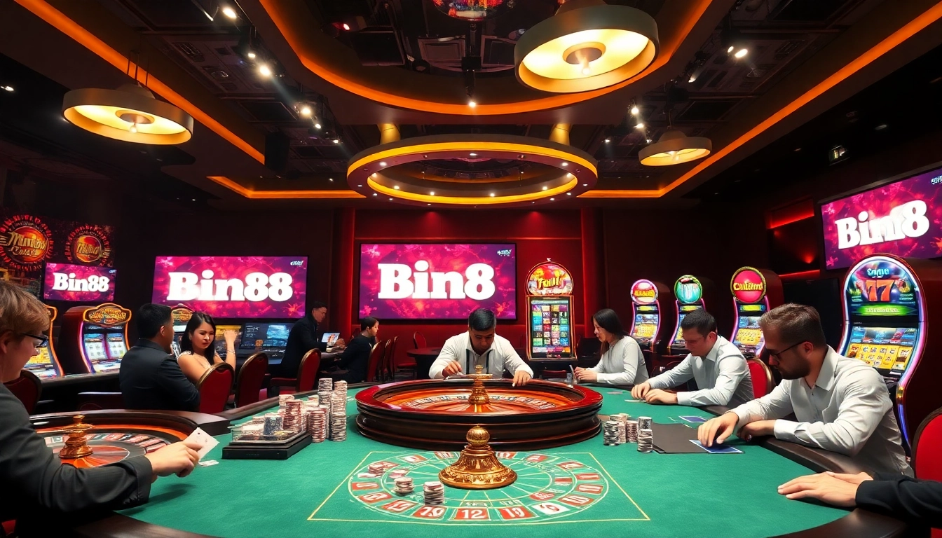 Players enjoying high-stakes games at Bin88 casino with vibrant chips and roulette.