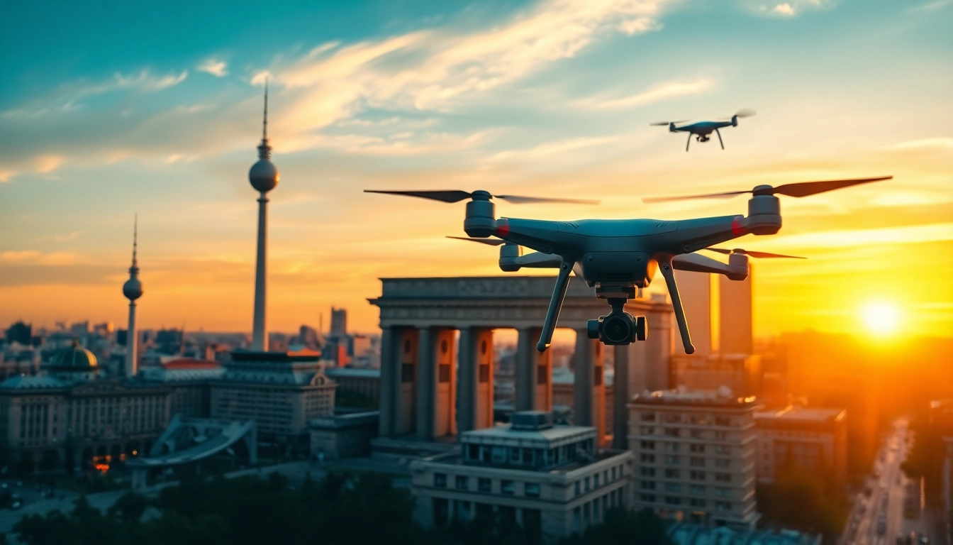Drohnenaufnahmen Berlin mit Blick auf die beeindruckende Skyline zur Dämmerung