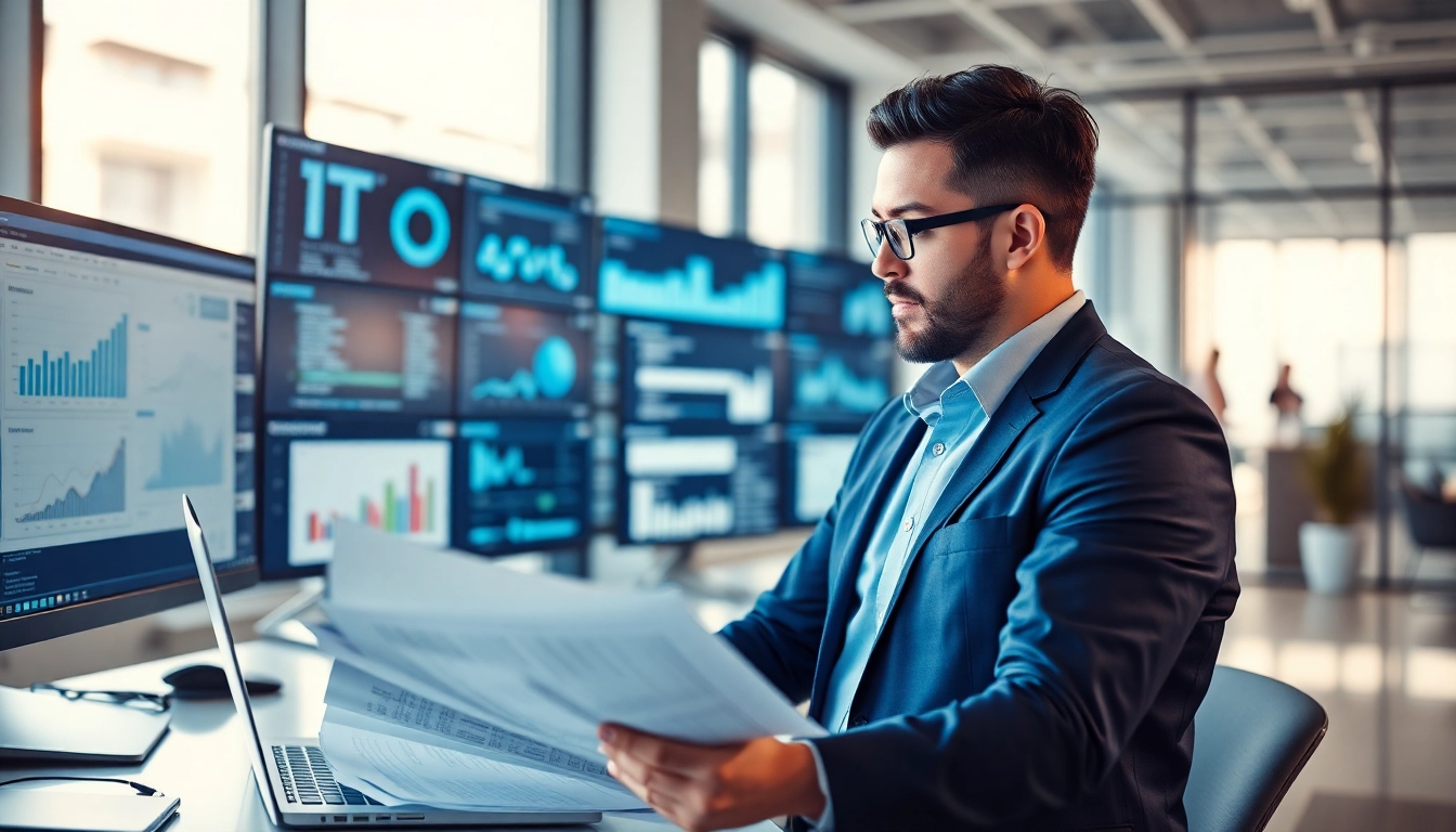 Headhunter IT reviewing candidates’ profiles in a modern office environment with digital tools.