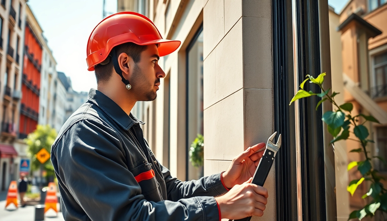 Professioneller hausmeisterservice münchen mit einem Techniker, der an einem Gebäude arbeitet.