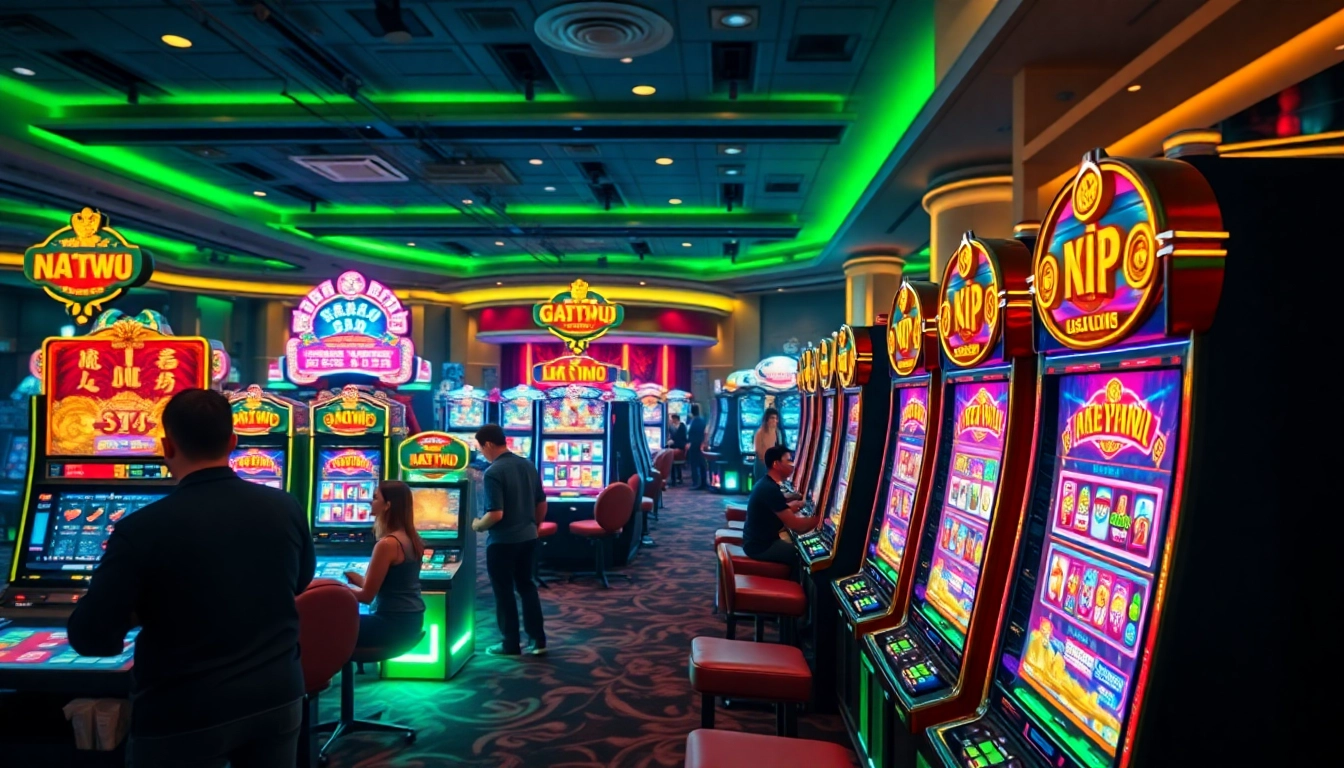 Exciting casino scene with players engaging in nổ hũ slot machines and vibrant chips.