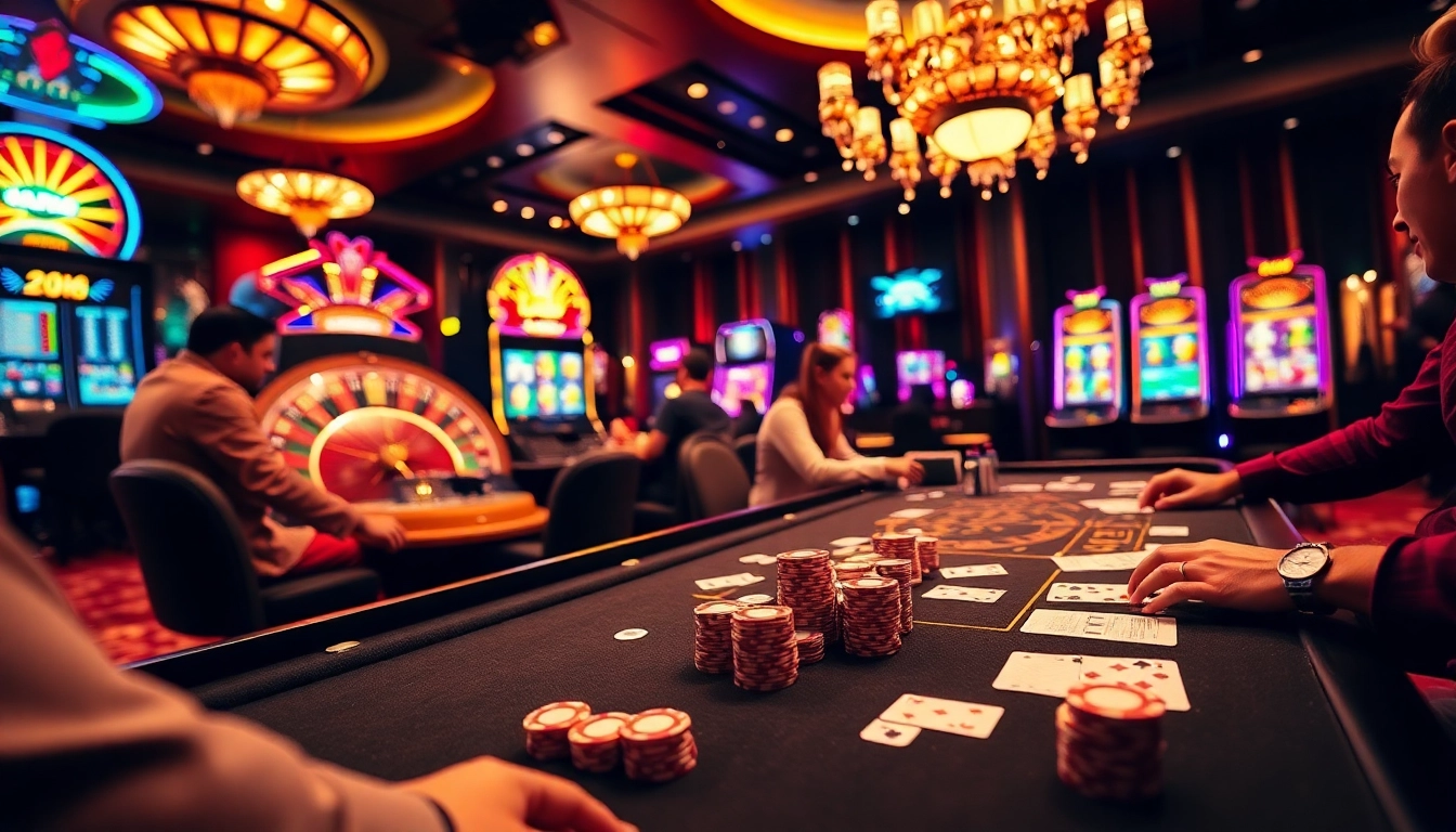 Experience the thrill of gambling at 28bet com with vibrant casino scenes featuring poker, roulette, and slot machines.