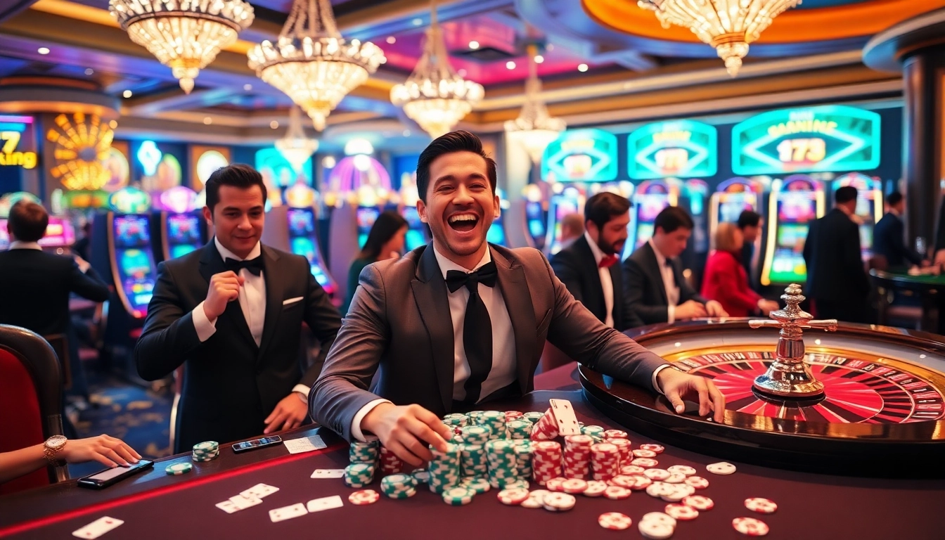 Players celebrating wins at 79king's luxurious casino table, showcasing vibrant gambling excitement.