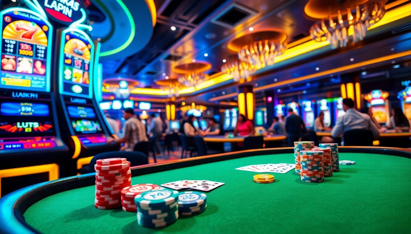 Exciting gaming experience at Luck8 ph casino featuring poker, slots, and vibrant lights.