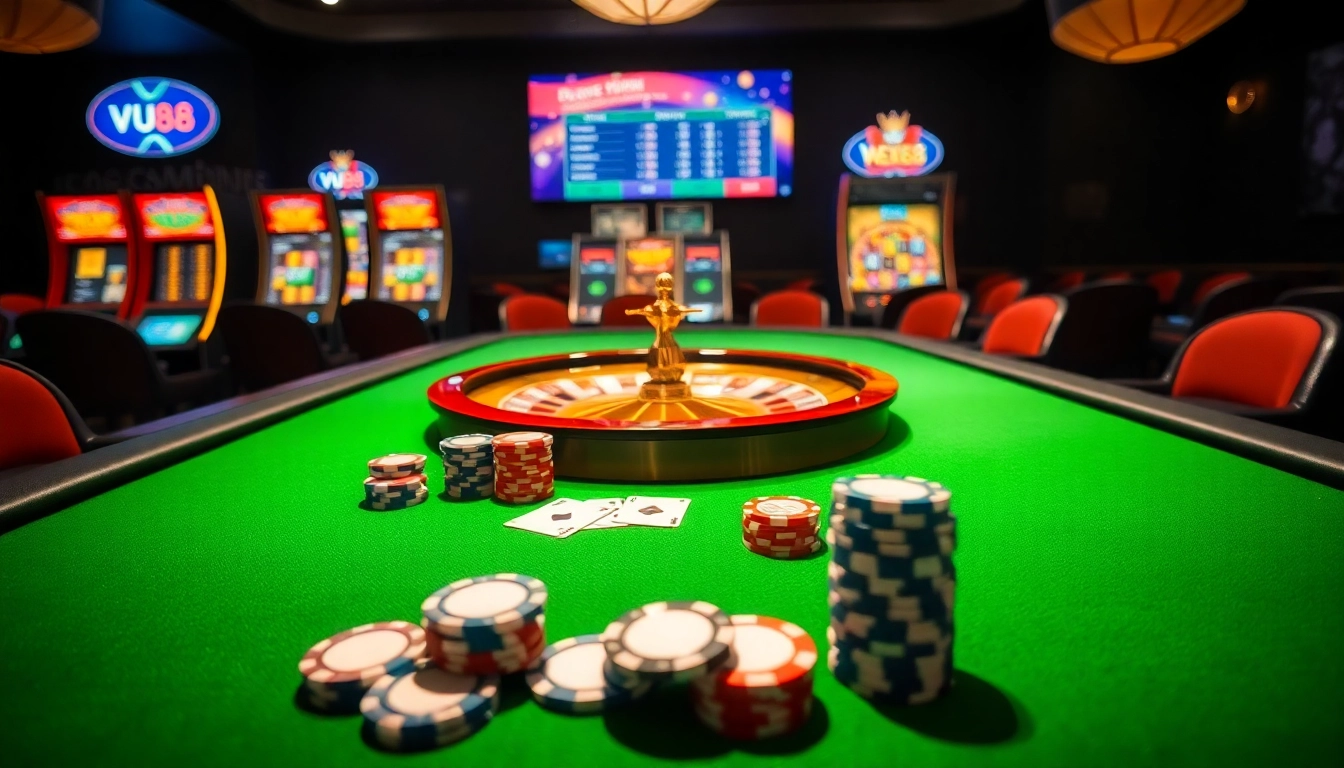 Experience the excitement of VU88 with vibrant casino tables and poker chips in a luxurious setting.