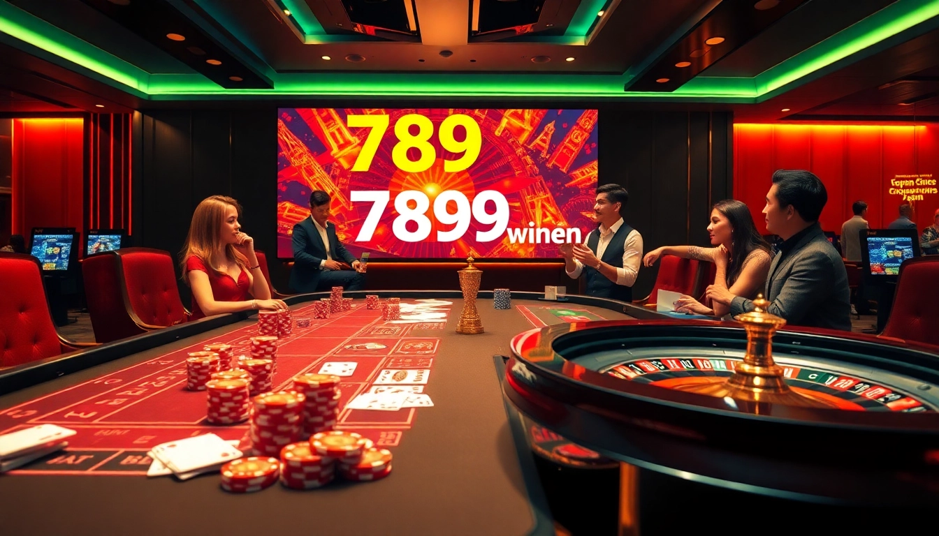 A lively scene featuring players at a 789win casino table, showcasing poker chips and a roulette wheel, highlighting the excitement of gambling.
