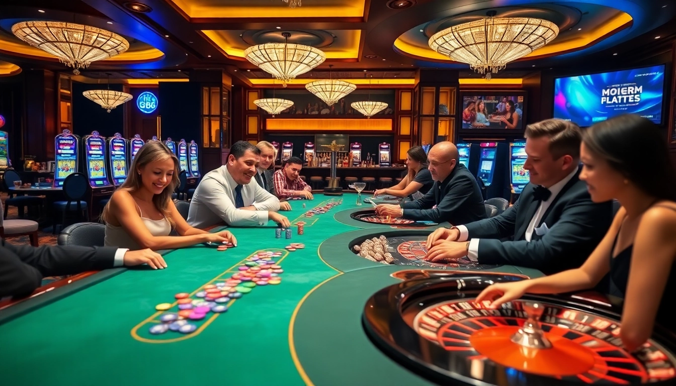 Engaged players at nn88 casino showcasing vibrant poker tables, roulette wheels, and dynamic gaming atmosphere.