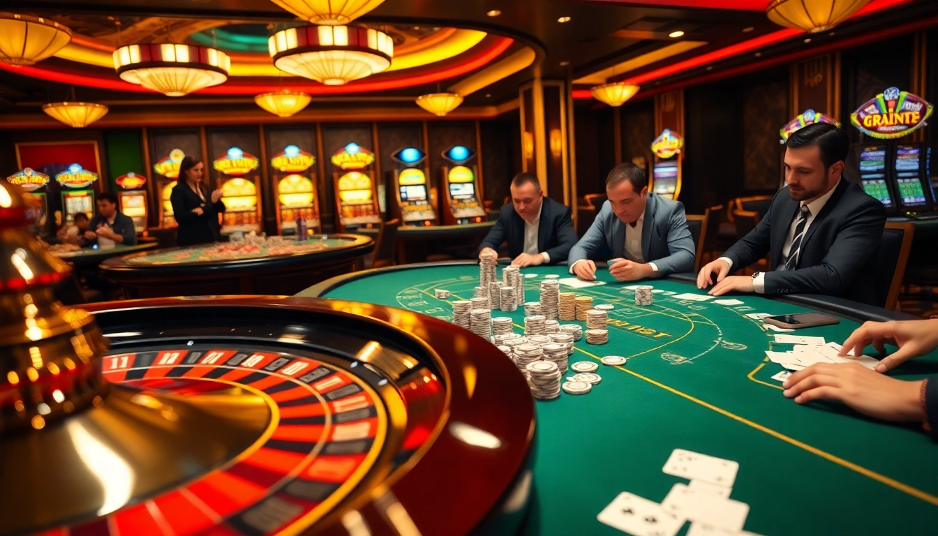 A dynamic gambling scene illustrating fun79 with poker chips, roulette, and slot machines in action.