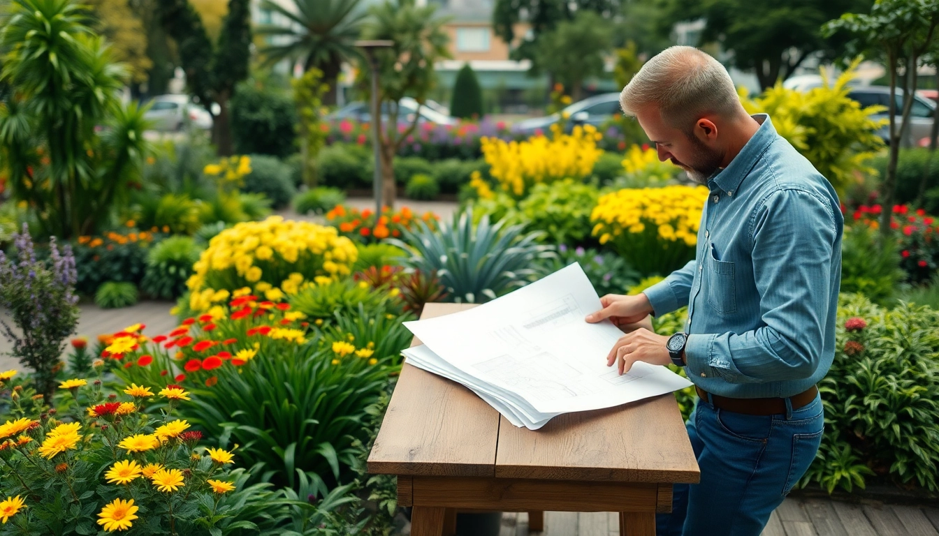 Galabau München: Landschaftsarchitekt bei der Gestaltung eines urbanen Gartens mit lebendigen Pflanzen.