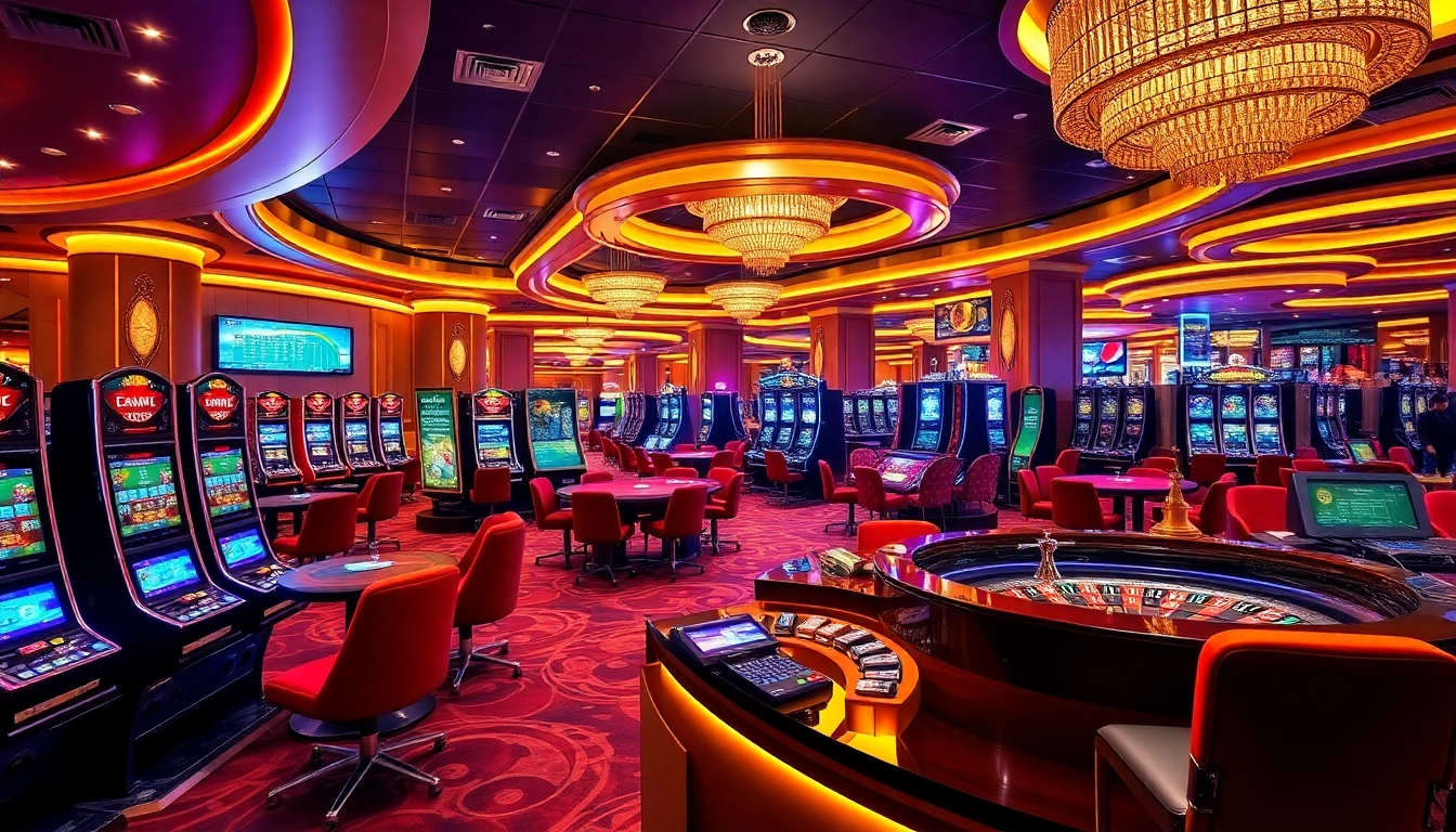 Experience the thrill of gaming in a luxurious casino environment at Link Luckywin uy tín, showcasing vibrant tables and slot machines.