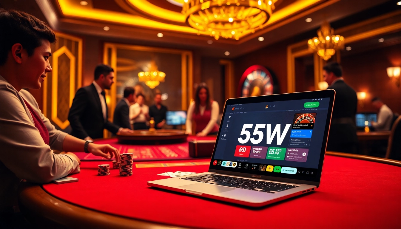 Experienced gamblers engaging in a vibrant casino atmosphere featuring 55WW online gambling.