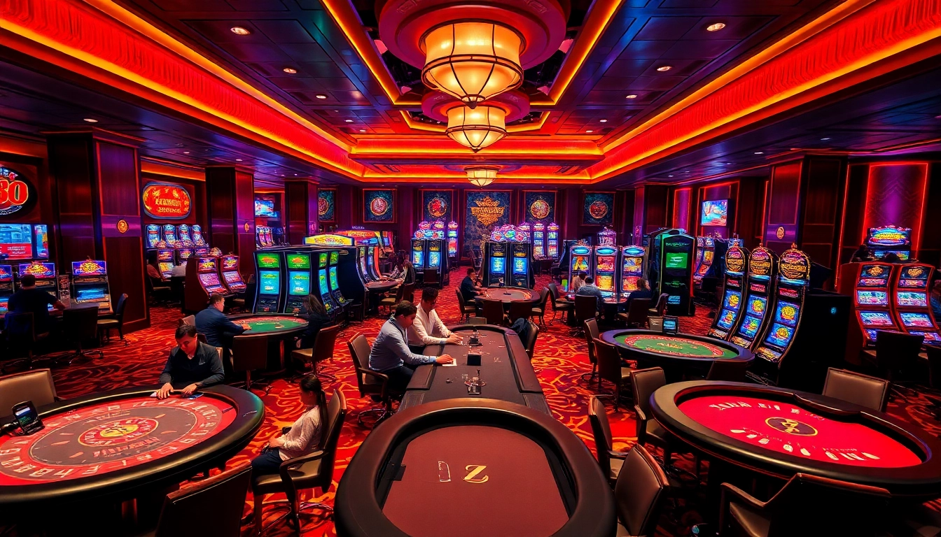 Zing88 players enjoying a thrilling casino experience with vibrant gaming tables and slot machines.