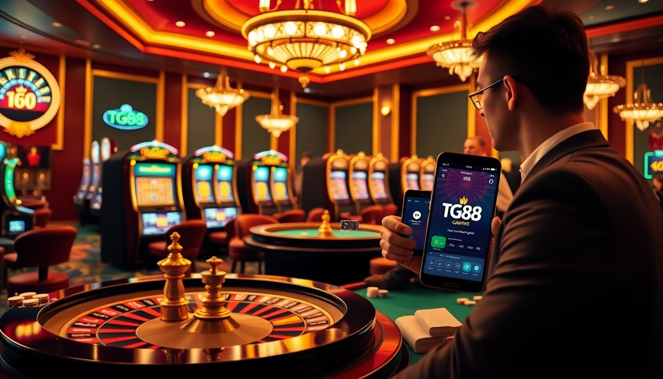 Experience excitement at tg88 gaming with vibrant slot machines and a roulette wheel.