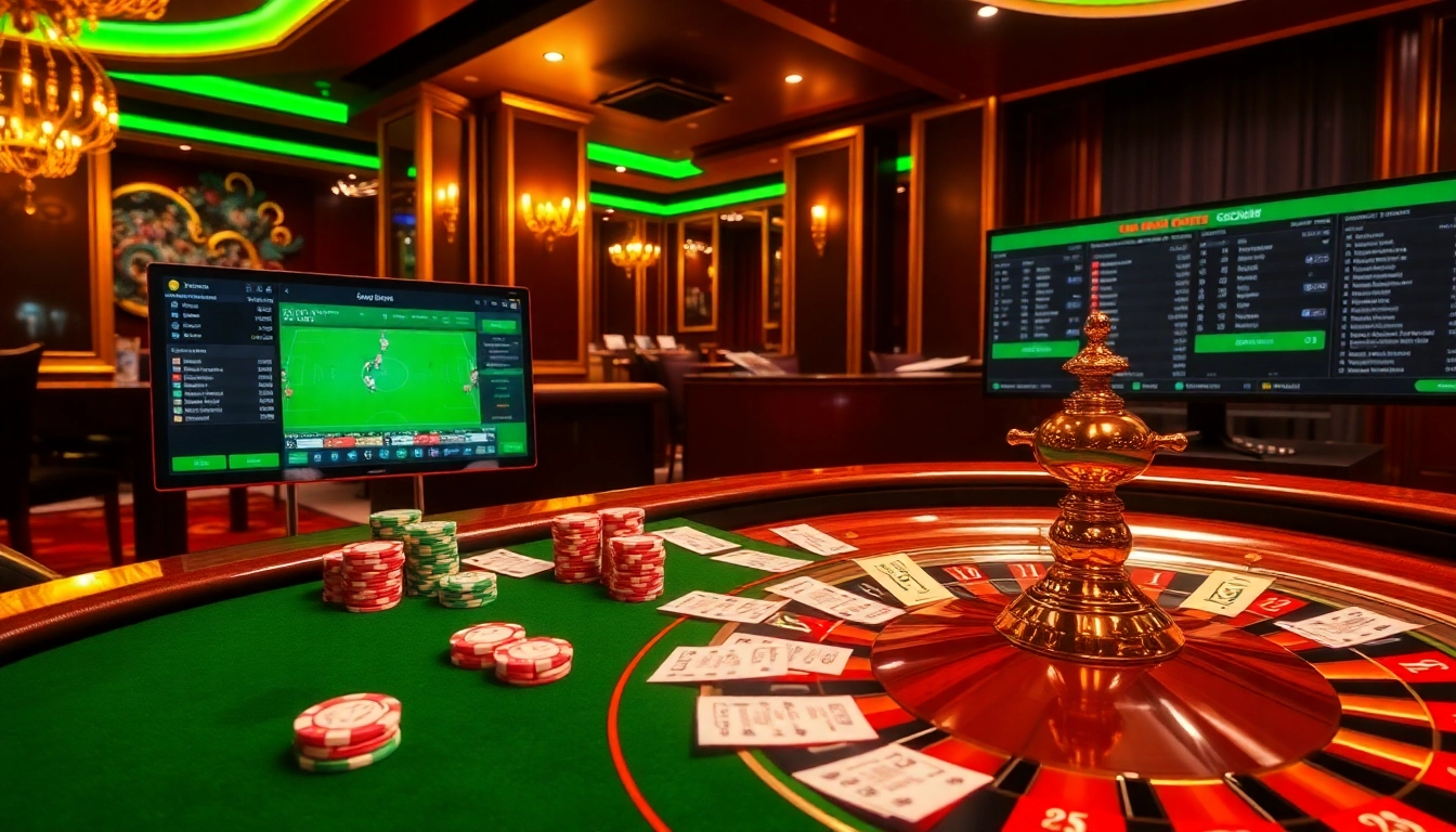 Experience cá độ bóng đá online with a vibrant casino scene featuring poker tables and betting slips.