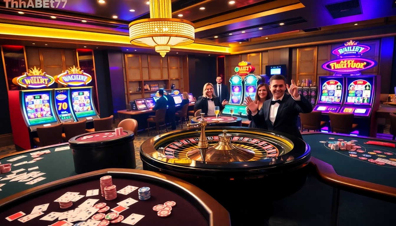 Thrilling gambling experience at Thabet77 casino with vibrant tables and slot machines.
