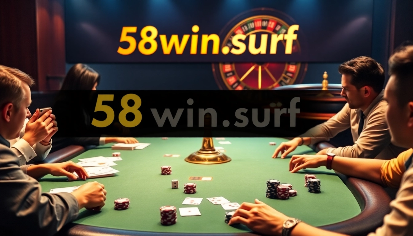 Experience the thrill of gambling at 58win.surf with players at a lively poker table.