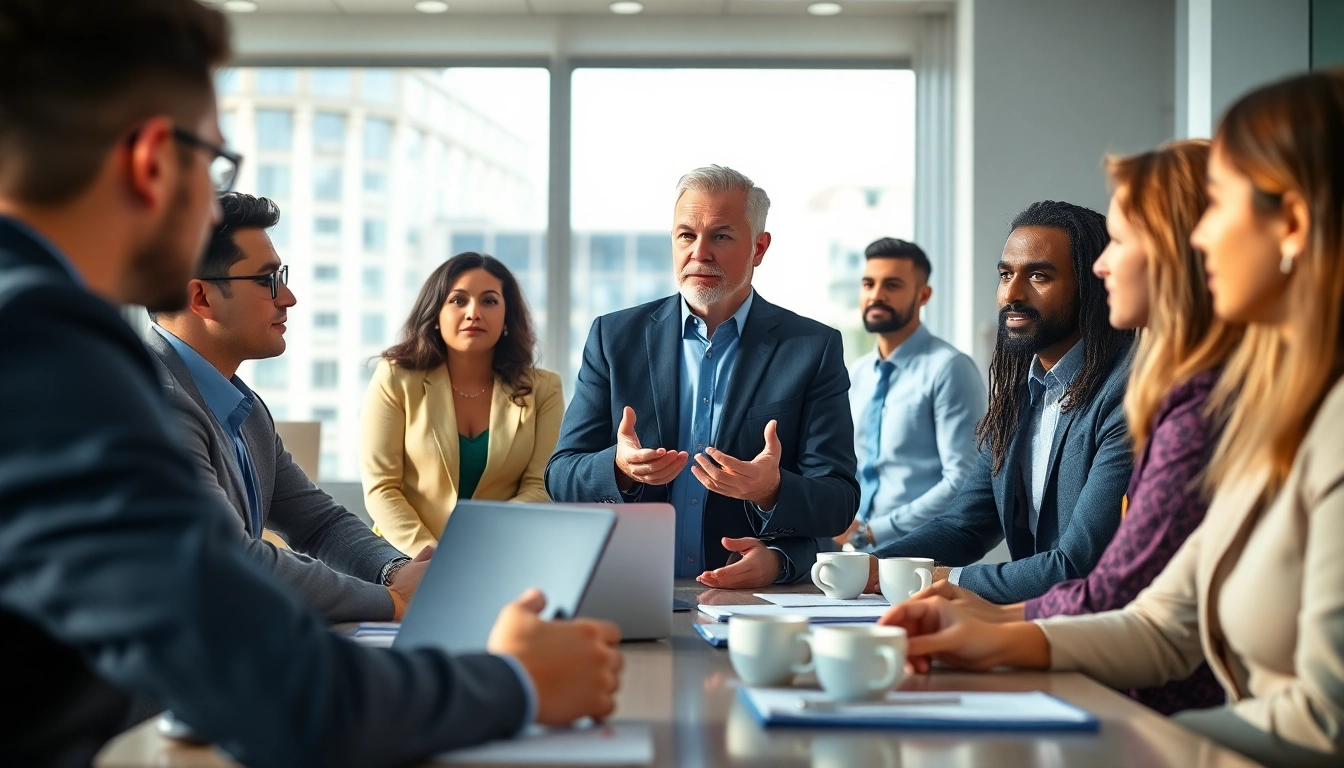 Headhunter conducting a meeting with diverse candidates in a professional office setting.