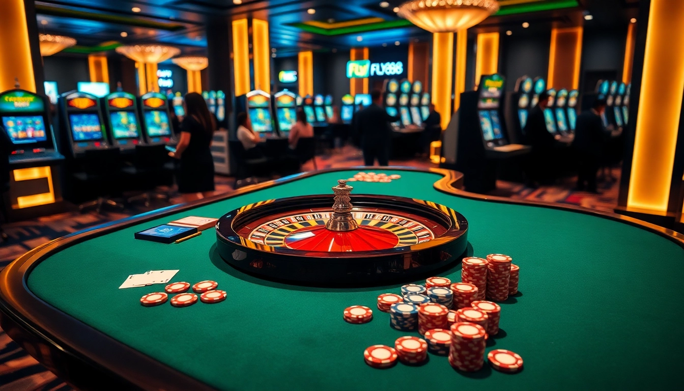 Engage in thrilling gameplay at FLY888's luxurious casino with roulette and slot machines.