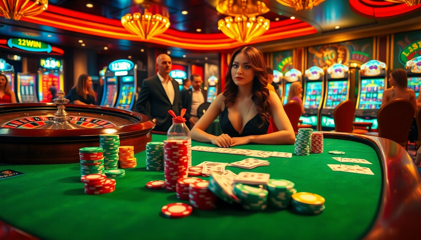 Experience thrilling casino excitement at 123Win with vibrant poker tables, roulette wheels, and eager players.