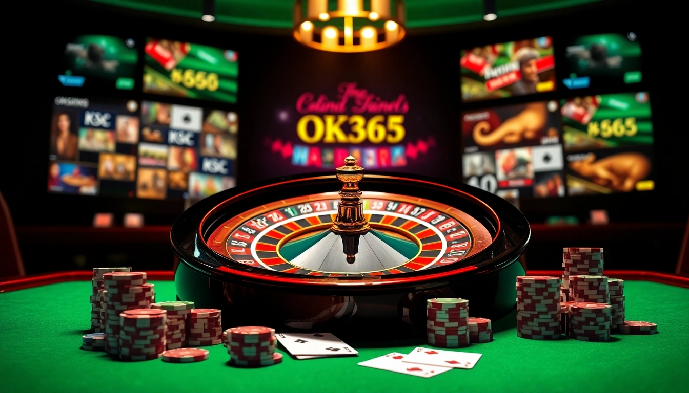 Experience the excitement of OK365 with vibrant casino elements like poker chips and a roulette wheel.