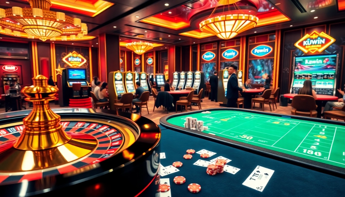 Engaging scene of Nhà cái Kuwin casino atmosphere with players at tables and vibrant gaming elements.