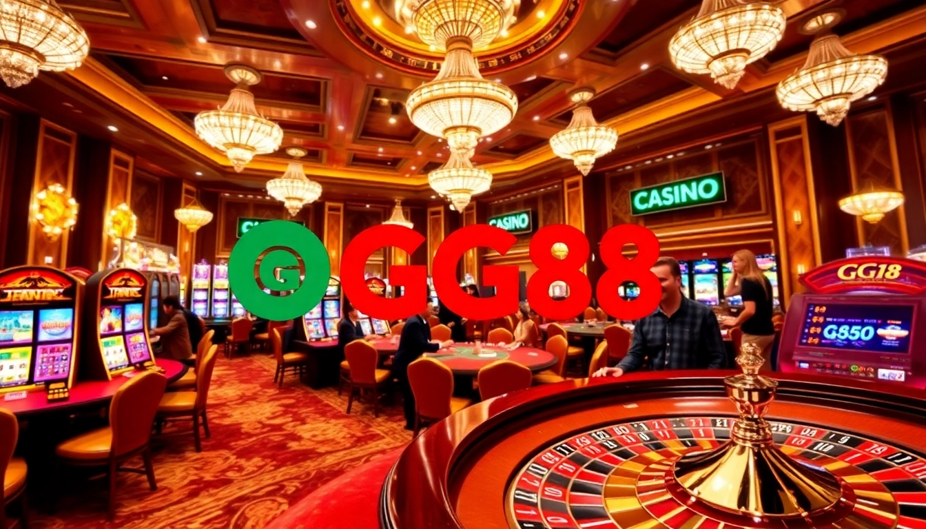 GG88 players celebrating winning bets in a luxurious casino environment with vibrant slot machines.