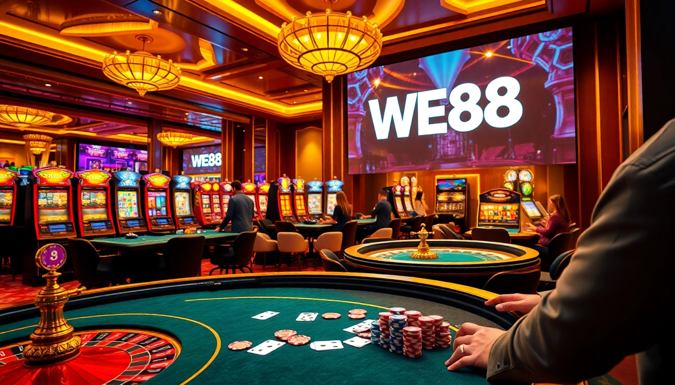 WE88 offers exciting poker tables and vibrant slot machines in a luxurious casino setting.
