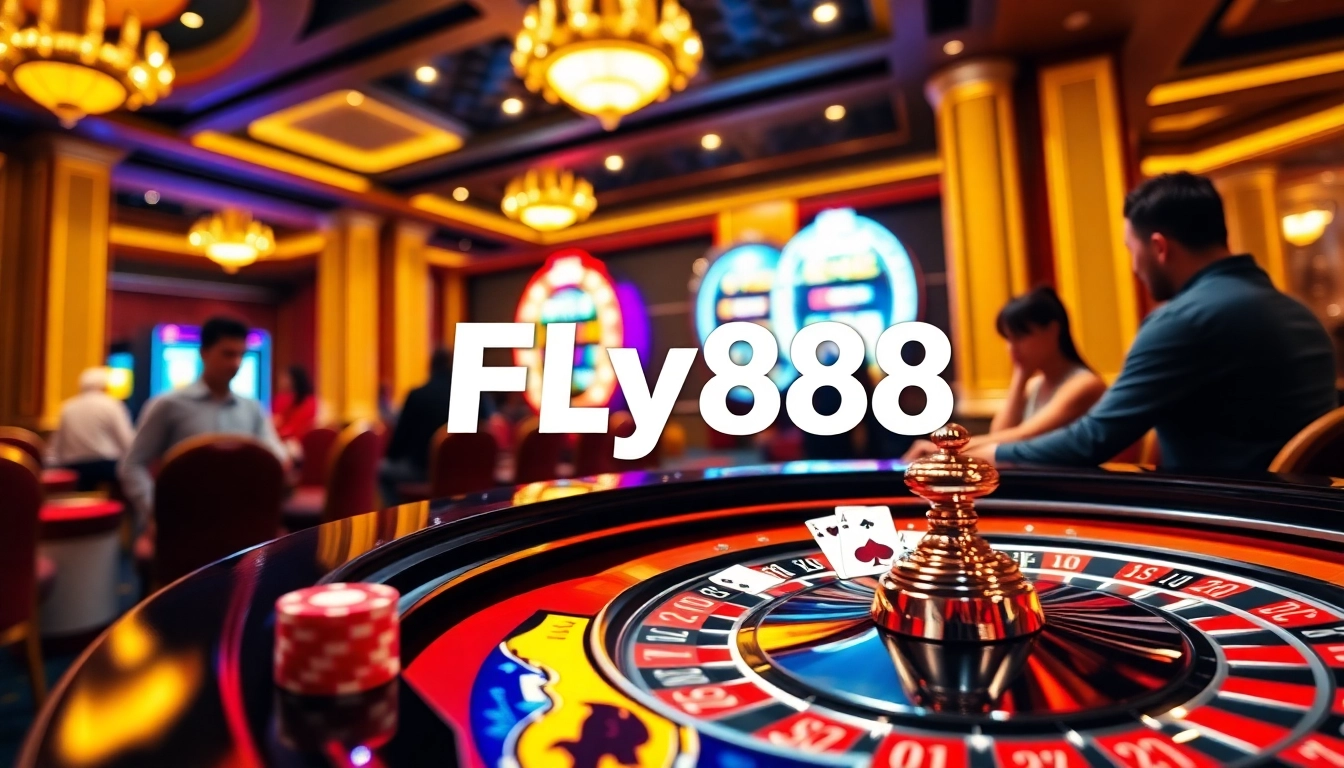 Experience the thrill of FLY888 at a luxurious casino setting surrounded by poker chips and roulette.