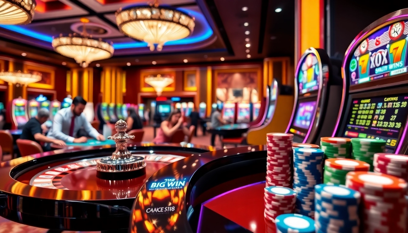 Experience the thrill of C168 at a luxurious casino with roulette tables and vibrant slot machines.