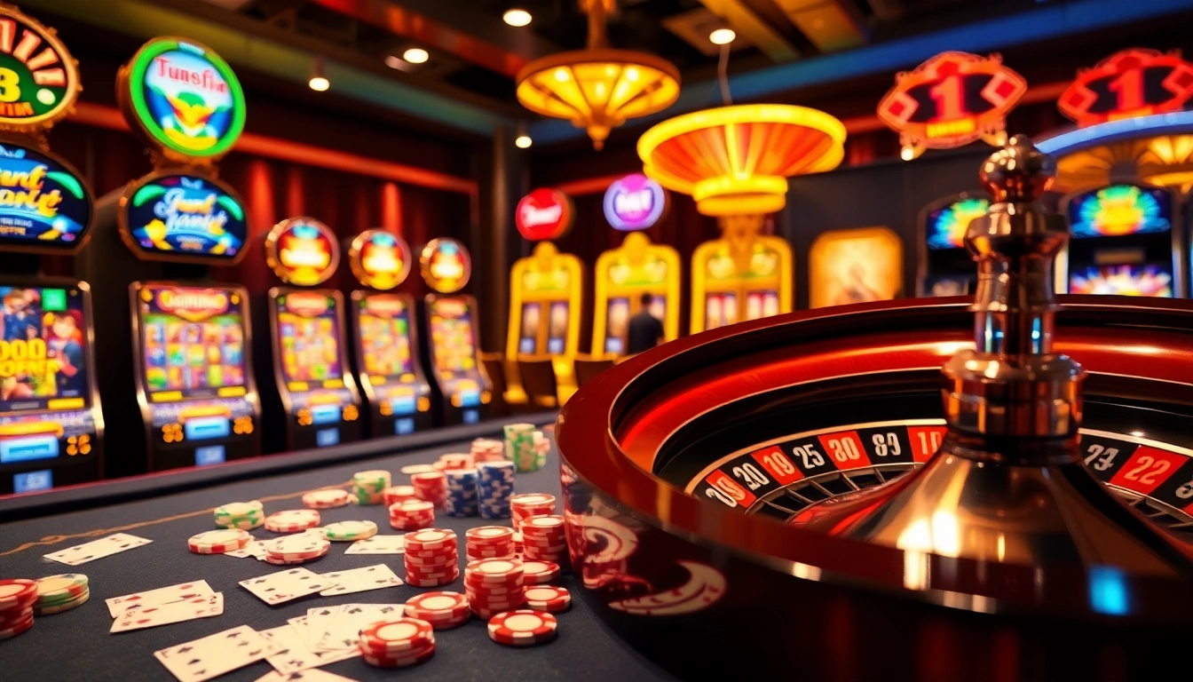 NoHu uy tín casino scene displaying colorful poker chips and vibrant slot machines.