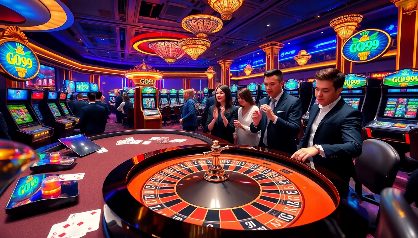 GO99 casino scene with players at a roulette table and vibrant gaming atmosphere.