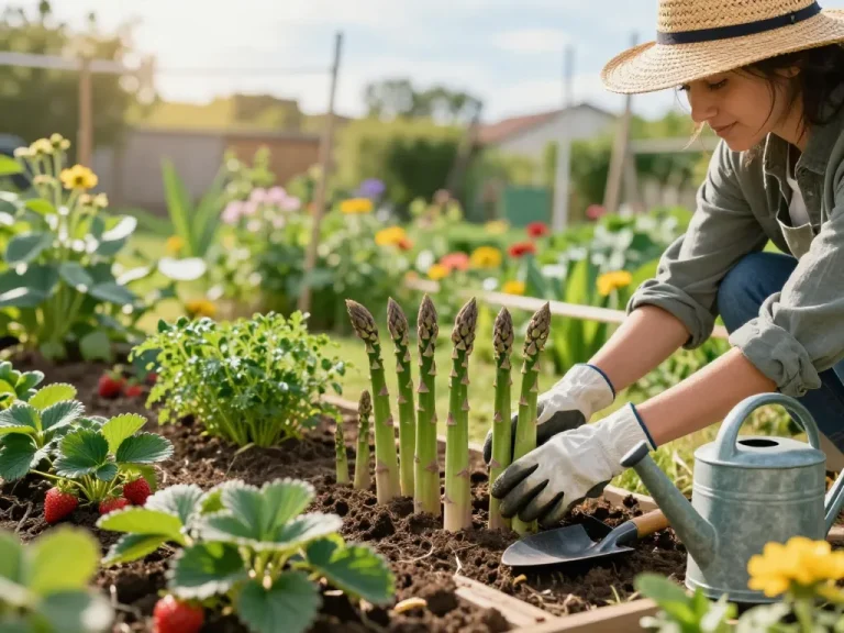 Gardener inspecting vibrant asparagus plants while spargelpflanzen kaufen in an inviting home garden.