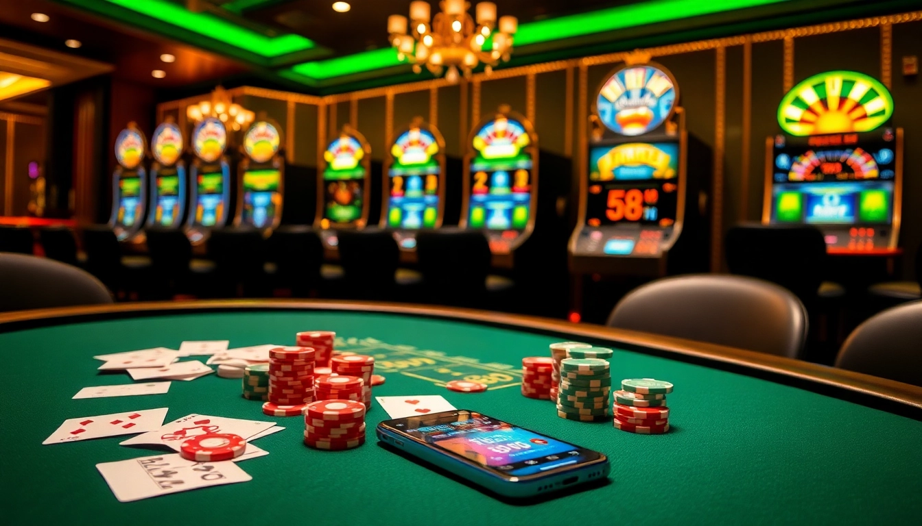 Exciting casino scene showcasing MM88 app on a poker table with chips and cards.
