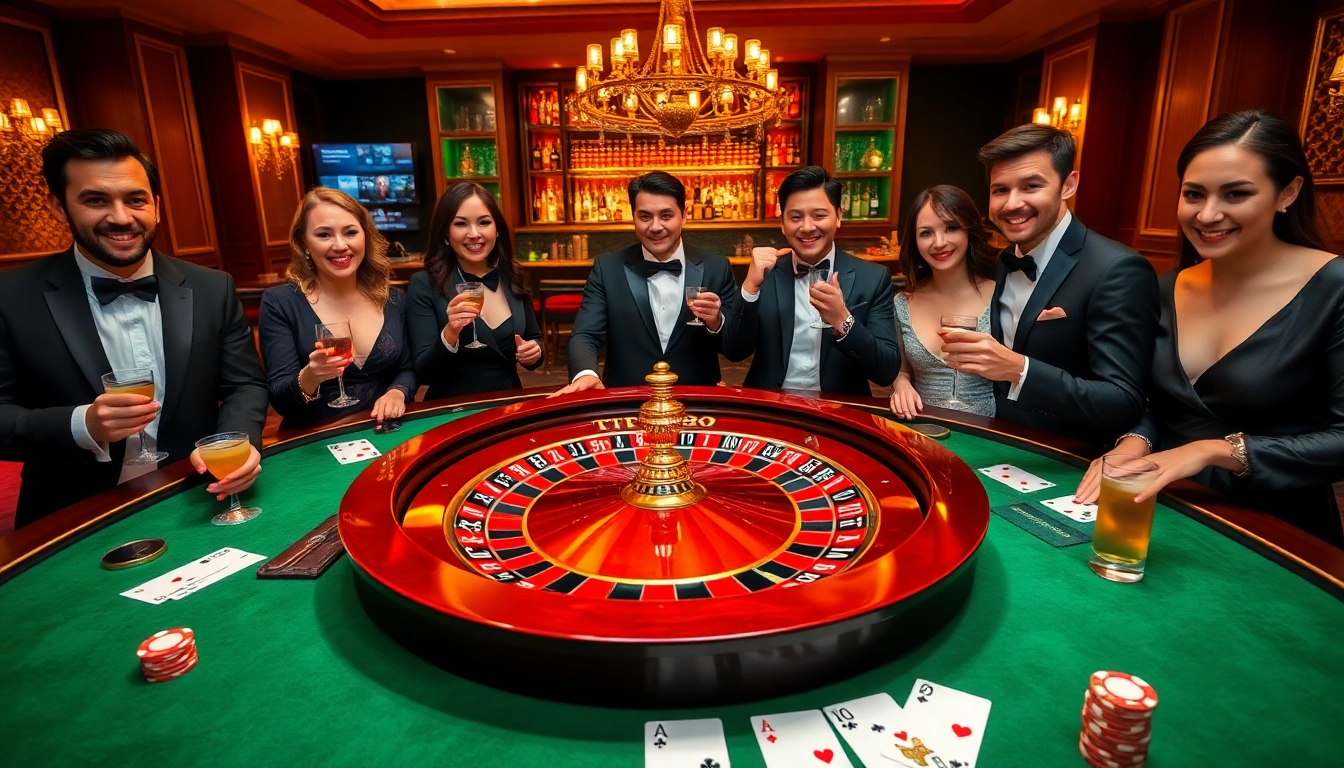 Players enjoying a vibrant TT88 casino experience at a roulette table, celebrating a game win.