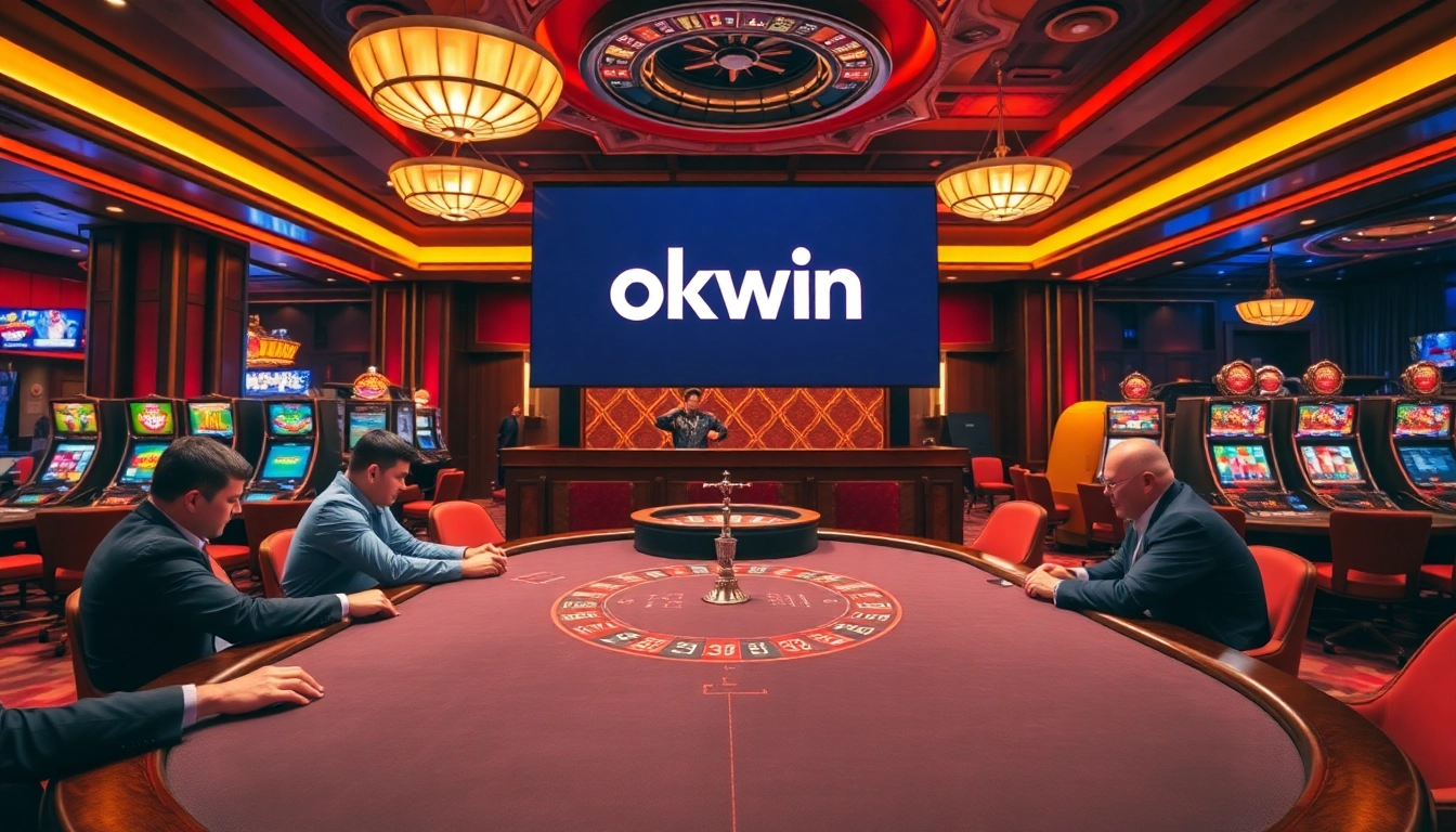 Experience thrilling poker play at okwin, surrounded by vibrant casino elements.