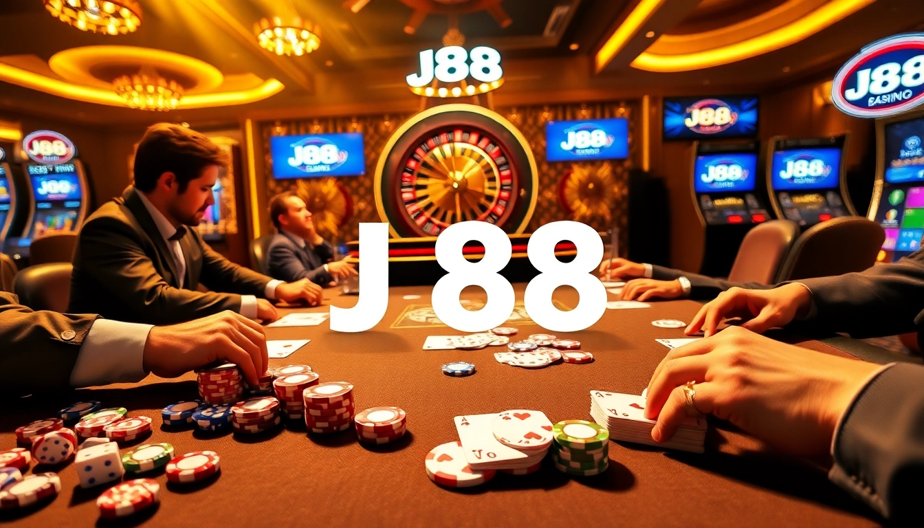 Engage in thrilling games at J88 casino with vibrant poker tables and exciting action.