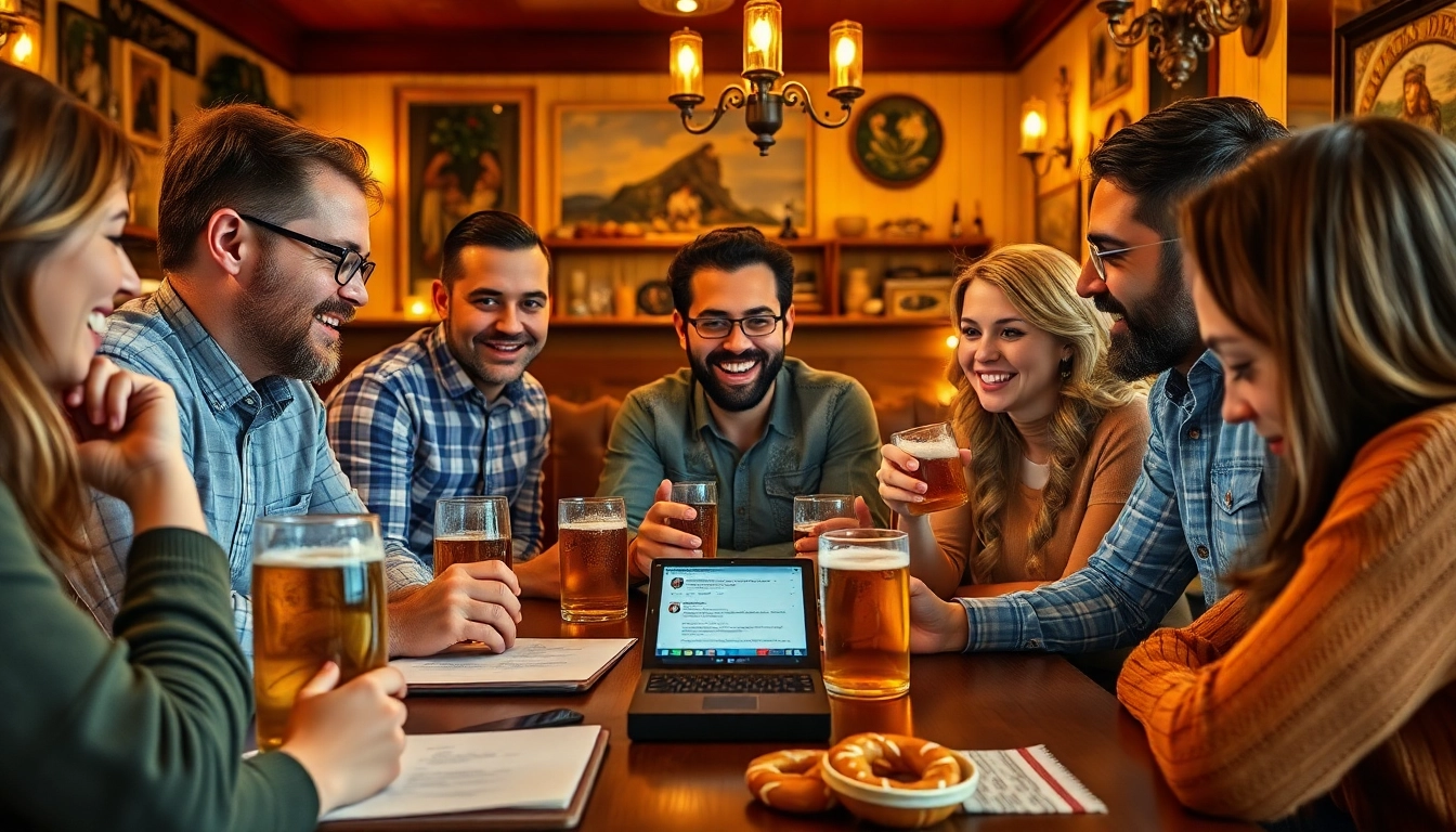 Belebte soziale Interaktion rund um Grantler Twitter in einem gemütlichen bayerischen Café bei warmem Licht.