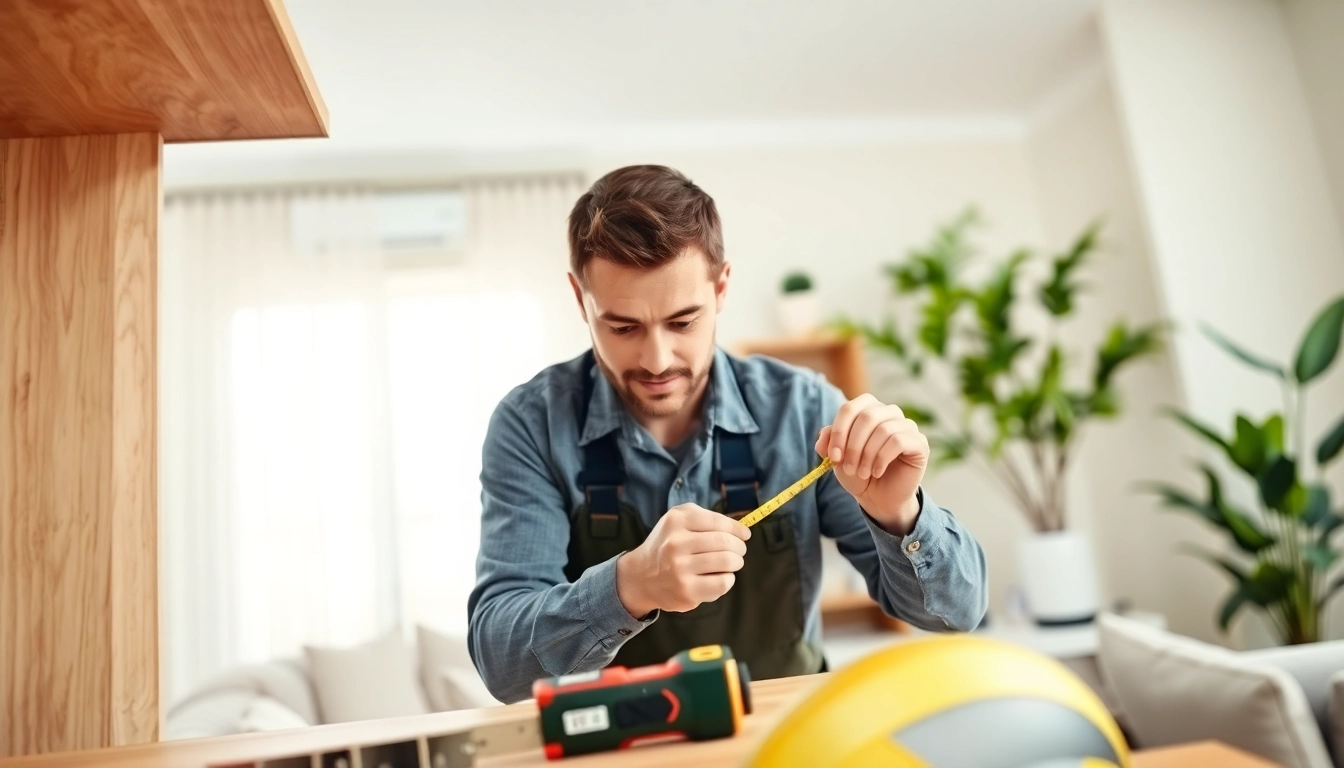 Handyman installing a wooden shelf in a bright home, demonstrating skilled craftsmanship.