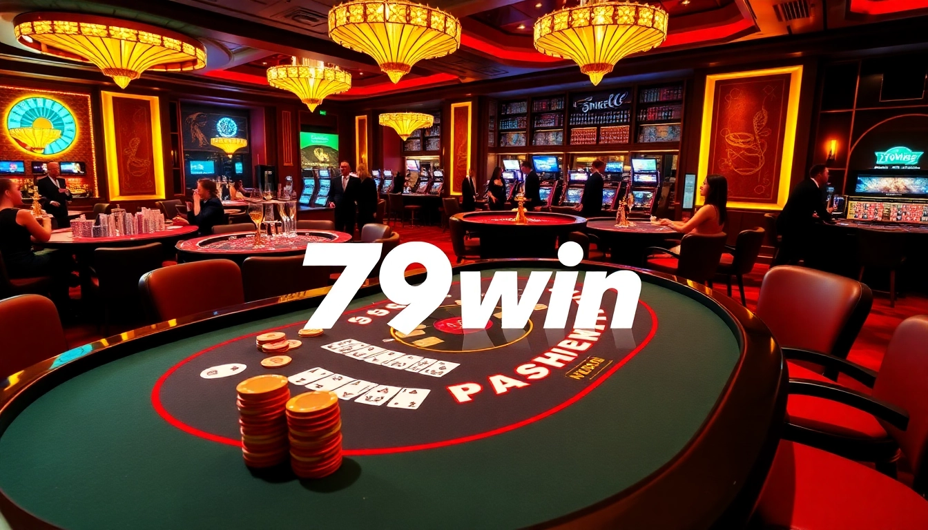 A high-stakes poker table showcasing 79win chips and cards amidst a luxurious casino atmosphere.
