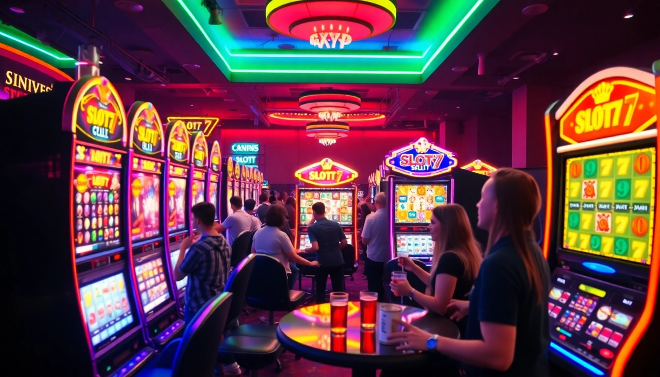 Permainan mesin slot Slot77 yang mengasyikkan di kasino dengan suasana ramai.