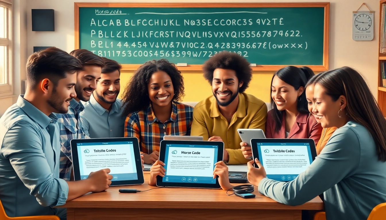 Morse code to text converter scene with diverse learners in a classroom using interactive tools.